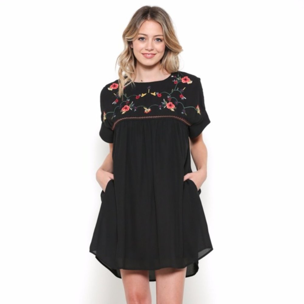 ESLEY Babydoll Dress Floral Embroidery Blue Black - Picture 7 of 9